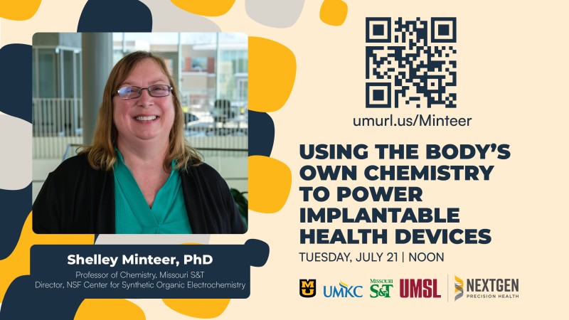 Event flyer for a Discovery Series LED talk. Photo of Shelley Minteer, PhD, smiling, wearing glasses and a teal top with black cardigan. Text reads 